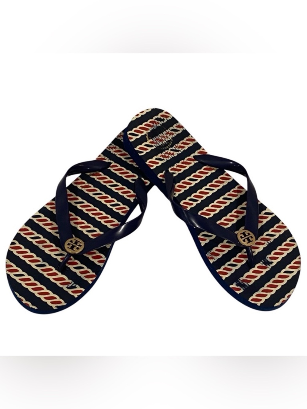 Tory Burch Navy Blue Red White Gold Hardware Flip Flops - Large
